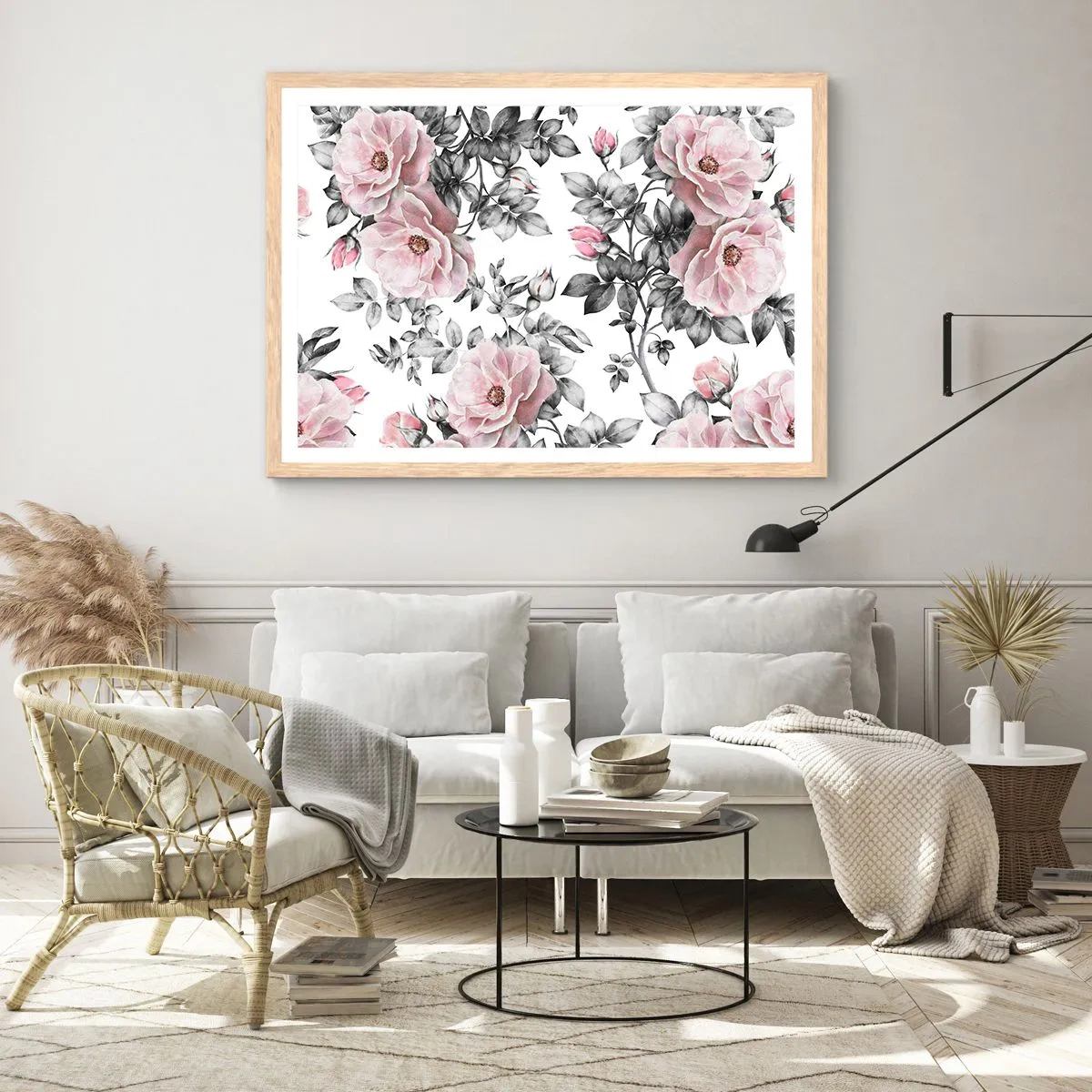 Affiche dans un chêne clair - Poster - Se perdre dans les fleurs des roses - 91x61 cm