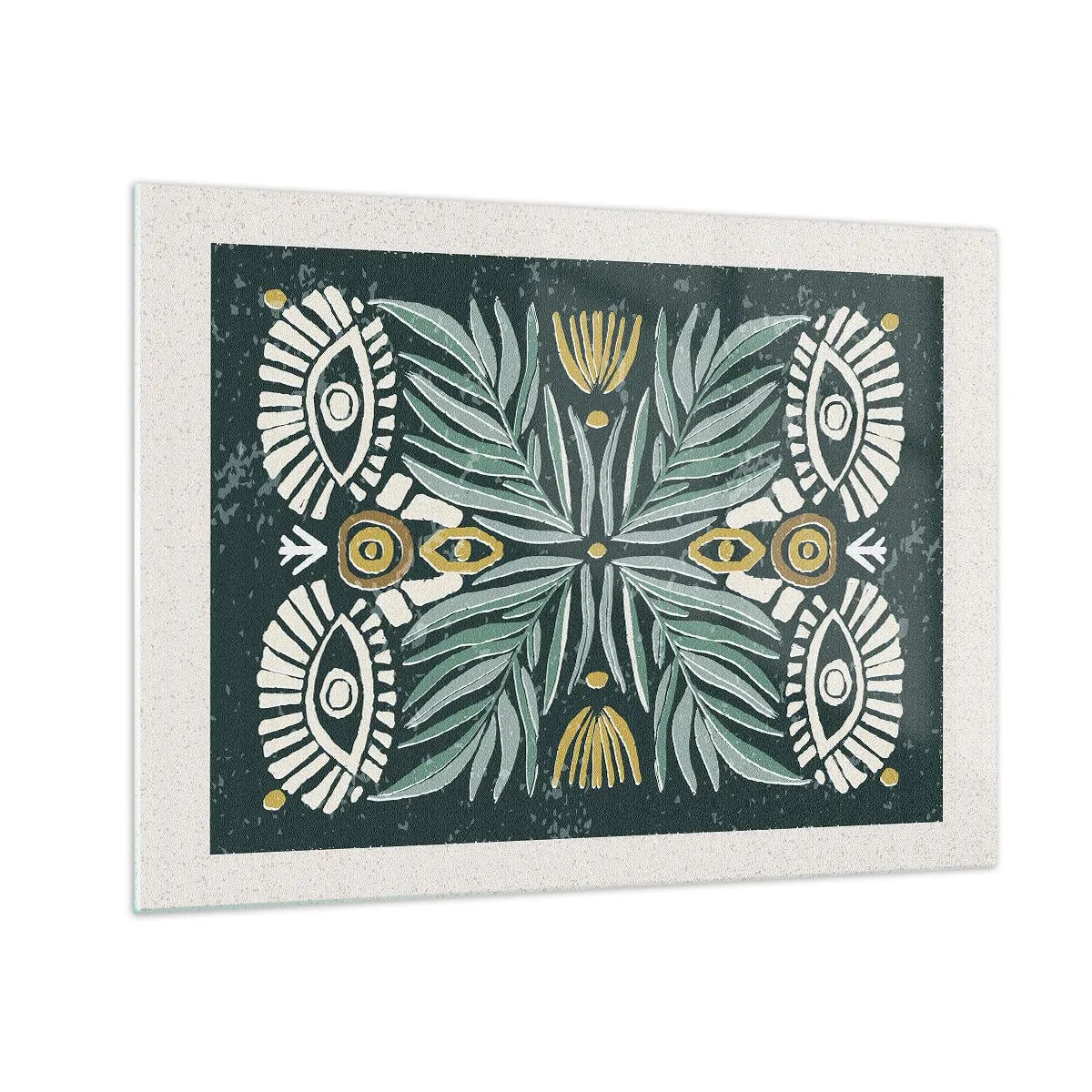 Impression sur verre - Image sur verre - Une composition symétrique de feuilles et de motifs dans un style folklorique - 70x50cm - Comme une découpe folklorique - Décoration murale moderne pour le salon et la chambre ARTTOR
