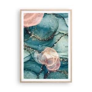 Affiche dans un chêne clair - Poster - Soie bleu, tulle rose - 70x100 cm