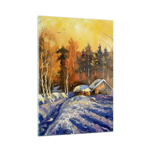 Impression sur verre - Image sur verre - Paysage d'hiver avec un chalet en bois au coucher du soleil - 50x70cm - Impression d'hiver au soleil - Décoration murale moderne pour le salon et la chambre ARTTOR