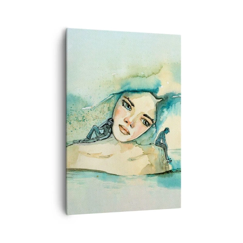 Impression sur toile - Image sur toile - Aquarelle d'un visage de femme avec un motif réfléchissant - 70x100cm - Suis-je bleu? - Décoration murale moderne pour le salon et la chambre ARTTOR