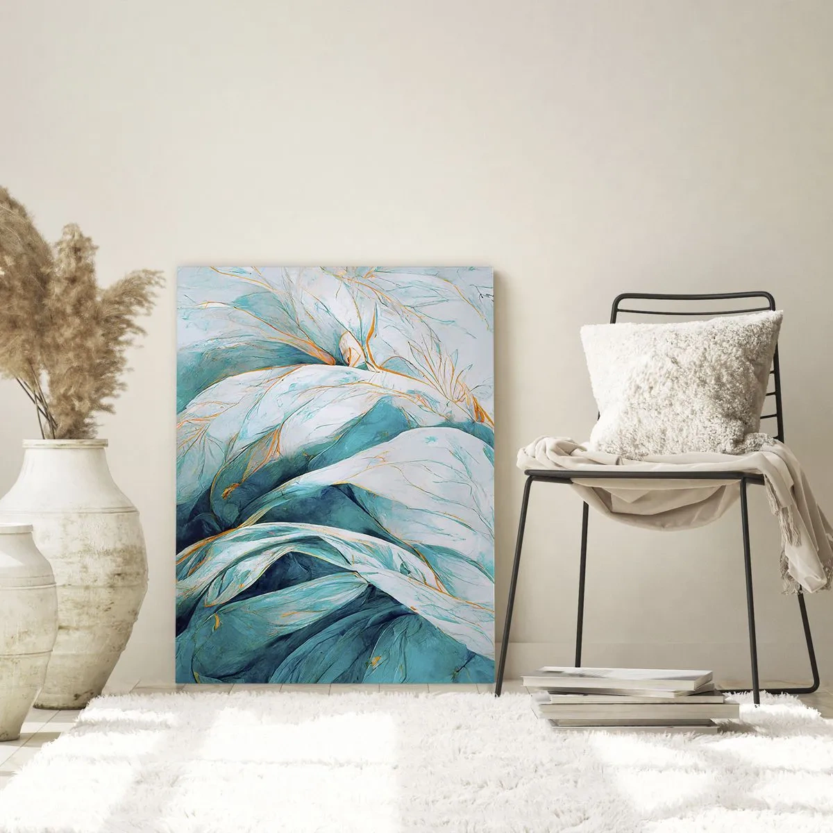 Impression sur verre - Image sur verre - Feuilles bleues abstraites avec des détails dorés - 70x100cm - Abstraction bleue avec un motif doré - Décoration murale moderne pour le salon et la chambre ARTTOR
