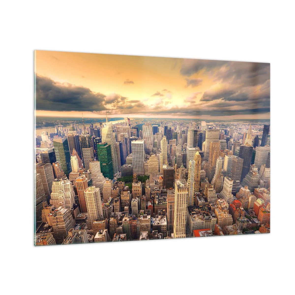 Impression sur verre - Image sur verre - Panorama de la ville avec des gratte-ciels au coucher du soleil - 100x70cm - Métropole dorée - Décoration murale moderne pour le salon et la chambre ARTTOR