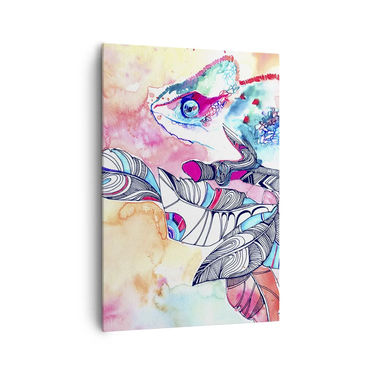 Impression sur toile - Image sur toile - Caméléon coloré sur fond de feuilles abstraites - 70x100cm - Aussi coloré que notre monde - Décoration murale moderne pour le salon et la chambre ARTTOR