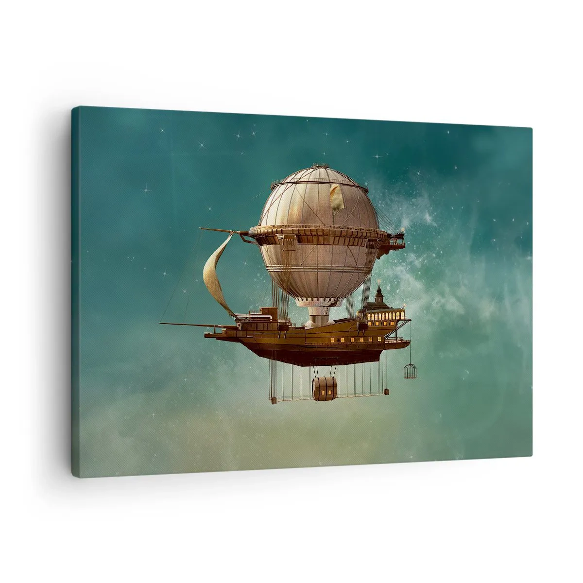 Impression sur toile - Image sur toile - Un dirigeable fantastique contre le ciel verdâtre - 70x50cm - Jules Verne vous salue - Décoration murale moderne pour le salon et la chambre ARTTOR