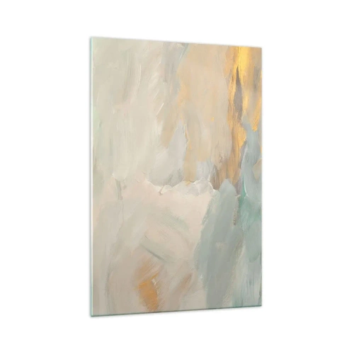 Impression sur verre - Image sur verre - Traits abstraits délicats dans des tons de blanc et d'or - 70x100cm - Abstraction – le pays de la douceur - Décoration murale moderne pour le salon et la chambre ARTTOR