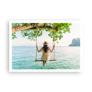 Affiche - Poster - Femme sur une balançoire au bord de la mer dans un paysage tropical - 100x70cm - La vie est belle - Décoration murale moderne pour le salon et la chambre ARTTOR