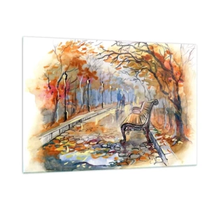Impression sur verre - Image sur verre - Une allée d'automne avec un banc dans un style aquarelle artistique - 120x80cm - Errer ensemble à l'automne - Décoration murale moderne pour le salon et la chambre ARTTOR