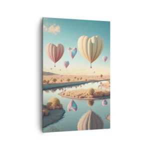 Impression sur toile - Image sur toile - Des ballons en forme de cœur flottant au-dessus du paysage - 80x120cm - L'amour te permet de t'élever - Décoration murale moderne pour le salon et la chambre ARTTOR