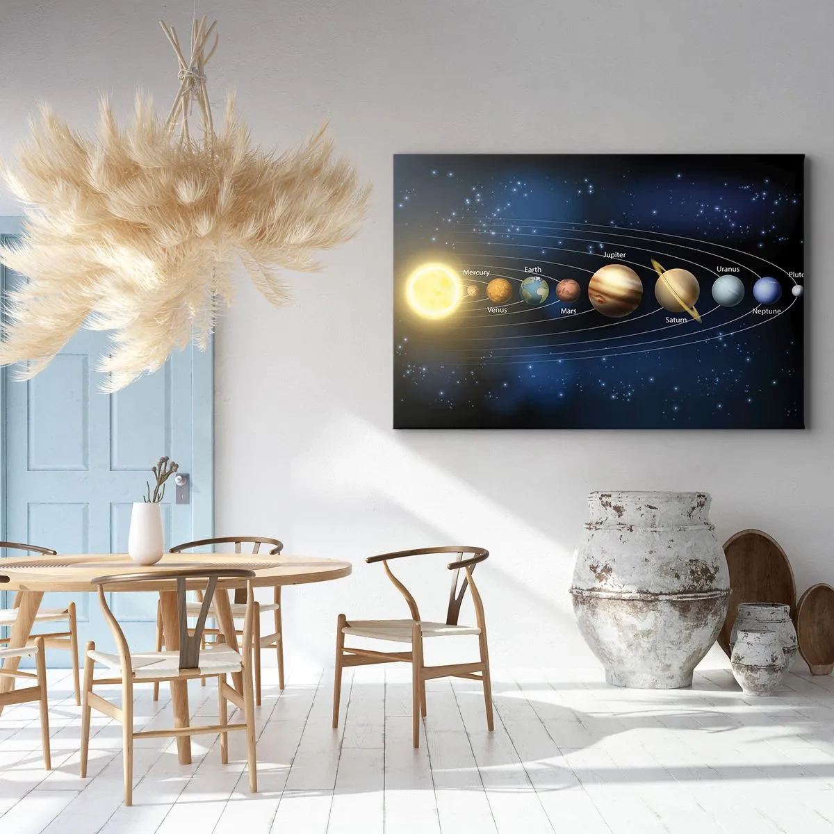 Impression sur toile - Image sur toile - Schéma du système solaire avec les planètes et le soleil - 70x50cm - L'une des dix - Décoration murale moderne pour le salon et la chambre ARTTOR