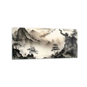 Impression sur verre - Image sur verre - Un paysage oriental avec des montagnes et une pagode aux nuances délicates. - 120x50cm - Le charme unique de l'Orient - Décoration murale moderne pour le salon et la chambre ARTTOR