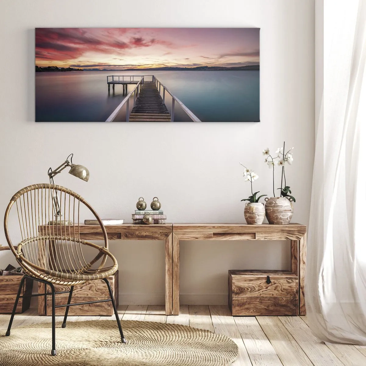 Impression sur toile - Image sur toile - Une jetée menant à un lac tranquille au coucher du soleil - 140x50cm - La douce flamme du soir - Décoration murale moderne pour le salon et la chambre ARTTOR