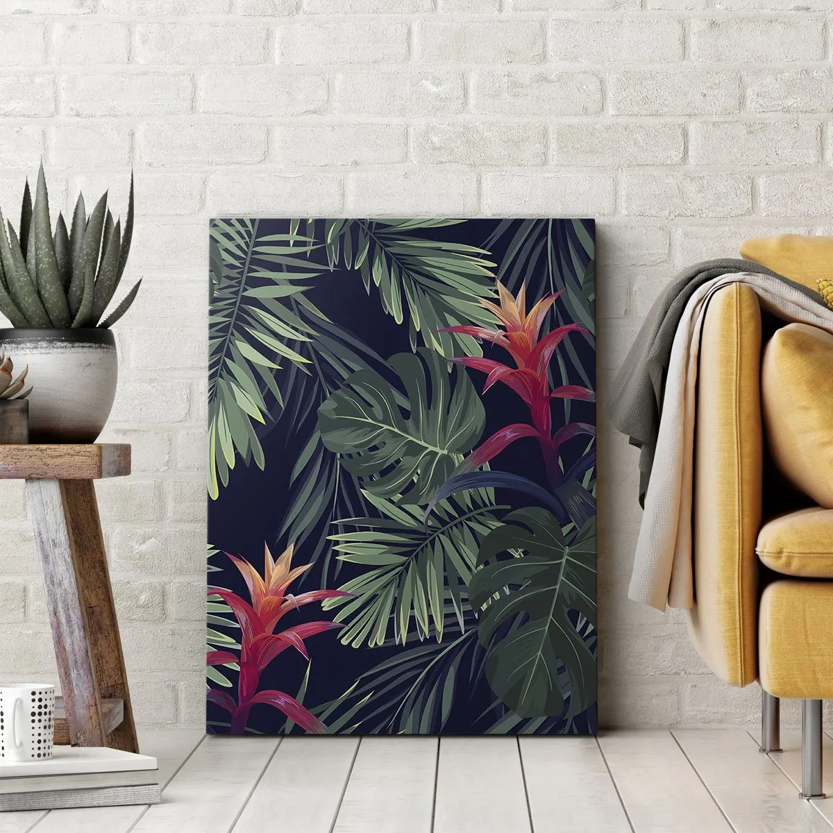 Impression sur toile - Image sur toile - Feuilles et fleurs tropicales sur fond sombre - 70x100cm - immergé dans la nature - Décoration murale moderne pour le salon et la chambre ARTTOR