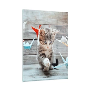 Impression sur verre - Image sur verre - Un chat jouant avec des grues en origami colorées - 50x70cm - Première leçon - Décoration murale moderne pour le salon et la chambre ARTTOR
