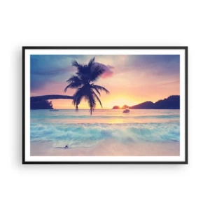 Affiche dans un cadre noir - Poster - Plage avec un palmier et un coucher de soleil sur l'océan - 100x70cm - Une soirée à la baie - Décoration murale moderne pour le salon et la chambre ARTTOR
