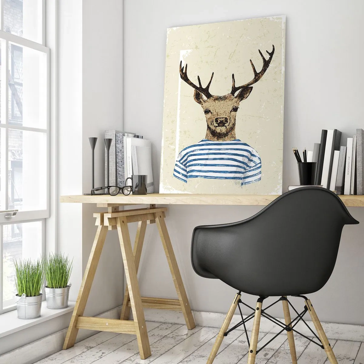 Impression sur verre - Image sur verre - Un cerf en chemise rayée sur un fond clair avec une texture délicate - 70x100cm - Parce que j'aime les chemises rayées - Décoration murale moderne pour le salon et la chambre ARTTOR
