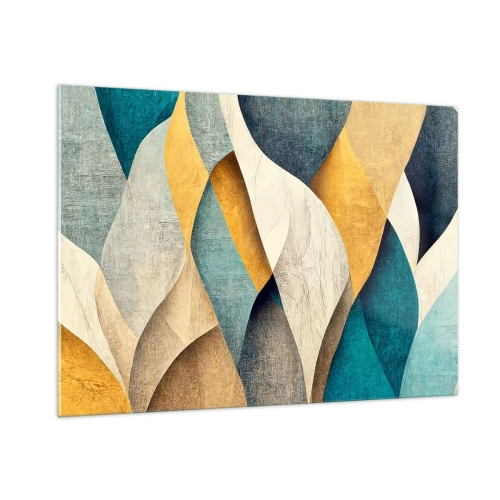 Impression sur verre - Image sur verre - Formes abstraites dans les tons de jaune et de bleu - 100x70cm - Rythme et vague - Décoration murale moderne pour le salon et la chambre ARTTOR