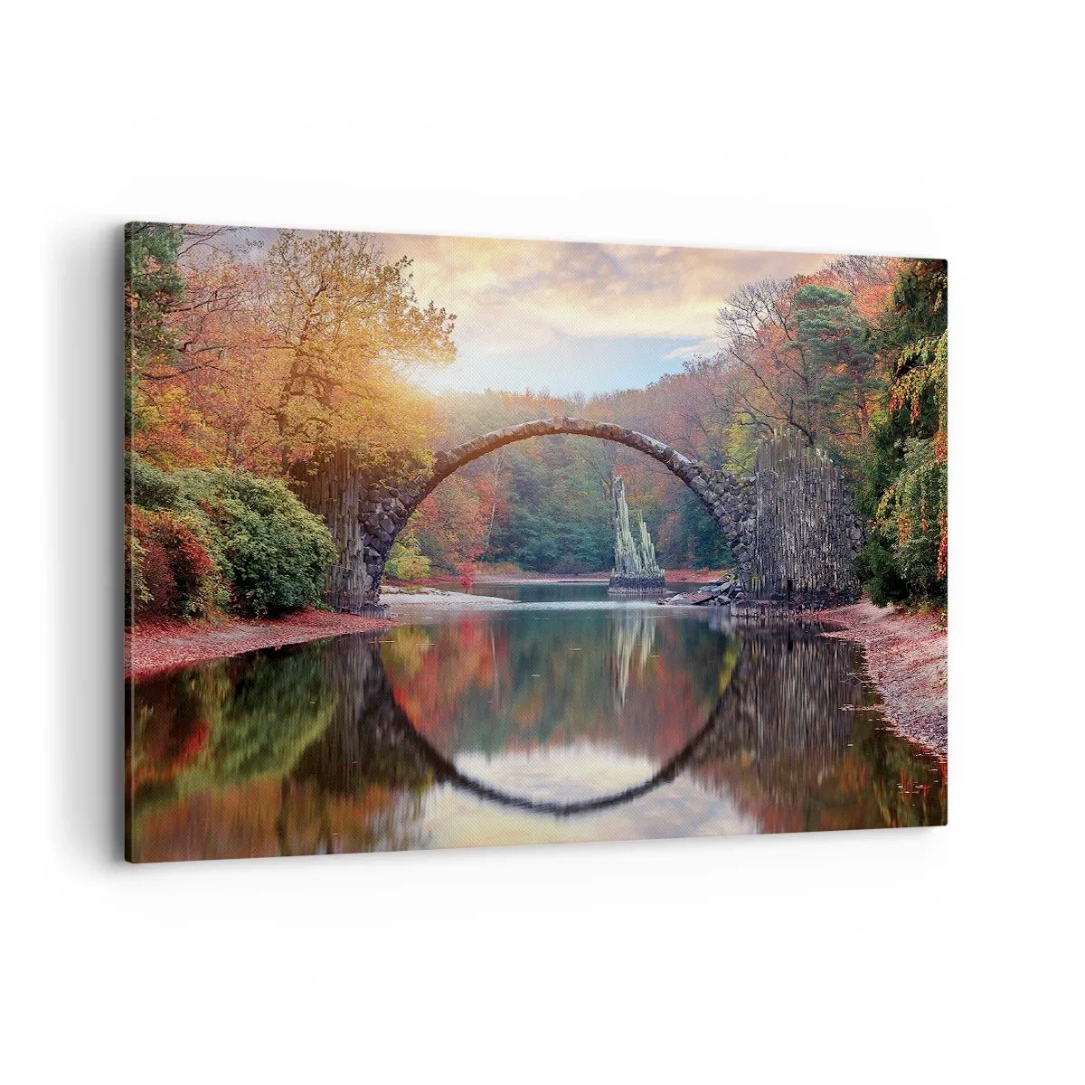 Impression sur toile - Image sur toile - Un pont de pierre dans un paysage d'automne sur une eau calme - 100x70cm - De l'autre cote du miroir - Décoration murale moderne pour le salon et la chambre ARTTOR
