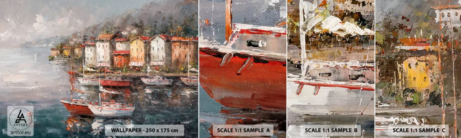 Échantillon de Papier Peint Autocollant Deluxe Sticker - Havre romantique - Architecture, Ville portuaire, Voilier - 100x30 cm