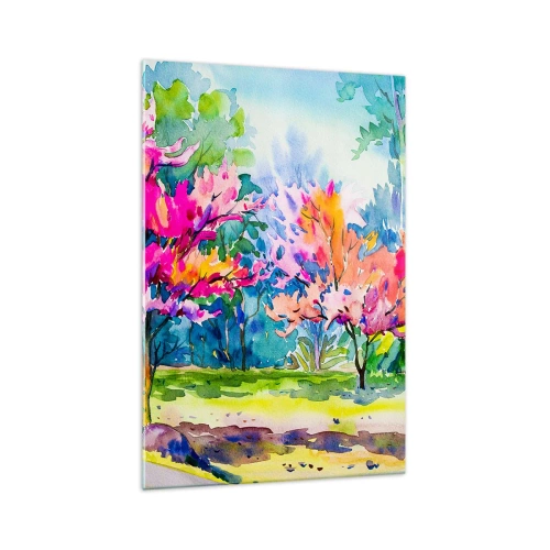 Impression sur verre - Image sur verre - Arbres colorés dans un parc dans un style aquarelle - 70x100cm - Jardin arc-en-ciel à la lumière du printemps - Décoration murale moderne pour le salon et la chambre ARTTOR