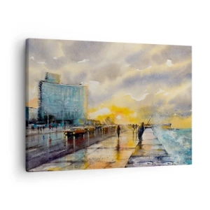 Impression sur toile - Image sur toile - Une vue pittoresque de la promenade en bord de mer au coucher du soleil - 70x50cm - La vie sur le rivage - Décoration murale moderne pour le salon et la chambre ARTTOR