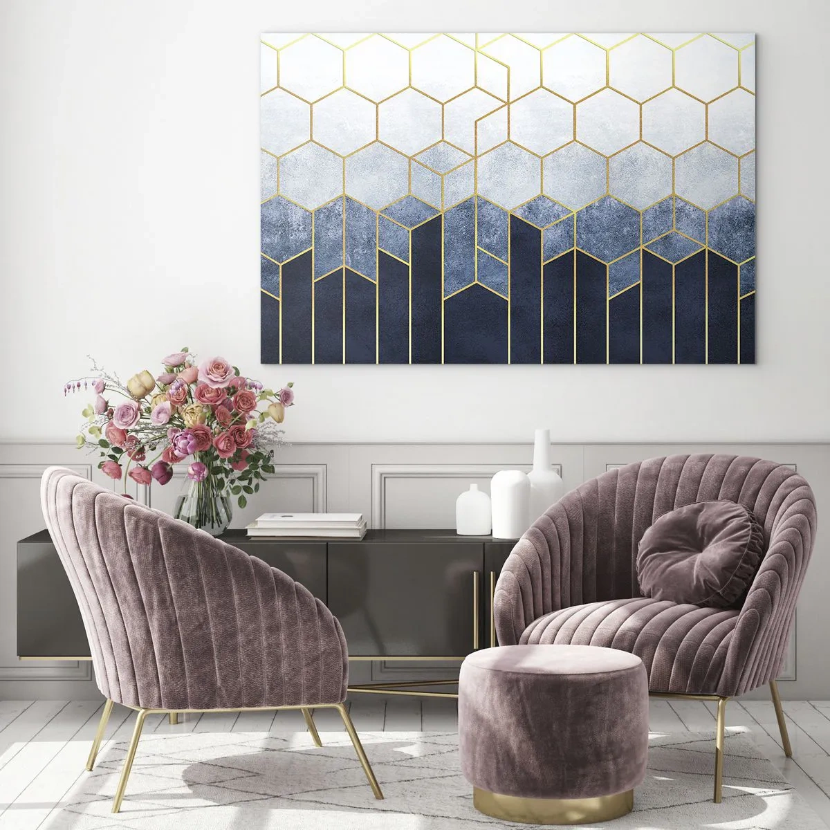 Impression sur verre - Image sur verre - Motif géométrique aux couleurs or et bleu marine - 70x50cm - Composition en rythme syncopé - Décoration murale moderne pour le salon et la chambre ARTTOR