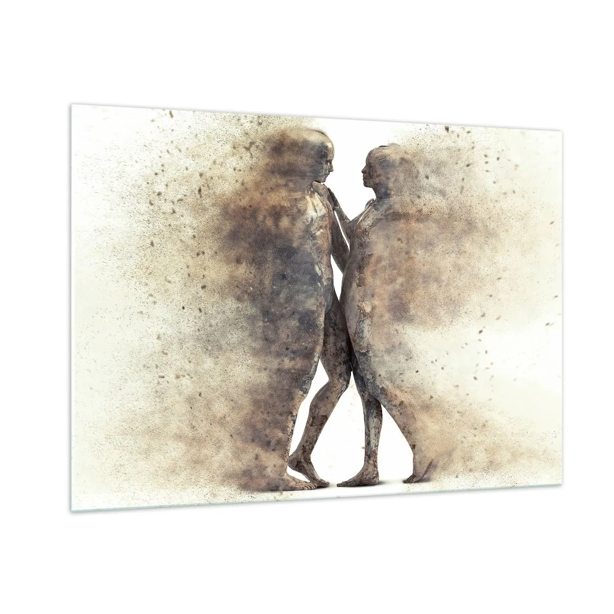 Impression sur verre - Image sur verre - Silhouettes abstraites de deux personnages dans un style poussiéreux - 100x70cm - Ils sont sortis de la poussière pour aimer - Décoration murale moderne pour le salon et la chambre ARTTOR