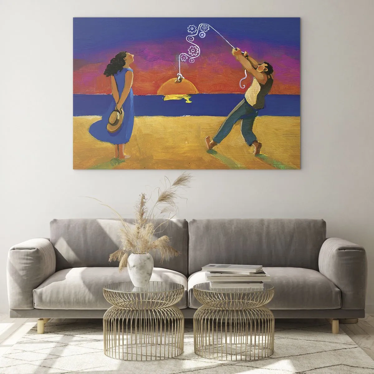 Impression sur verre - Image sur verre - Résumé coloré d'un couple sur la plage au coucher du soleil - 70x50cm - Plus qu'une étoile dans le ciel - Décoration murale moderne pour le salon et la chambre ARTTOR