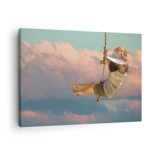 Impression sur toile - Image sur toile - Femme sur une balançoire parmi les nuages roses - 70x50cm - S'amuser dans les nuages - Décoration murale moderne pour le salon et la chambre ARTTOR