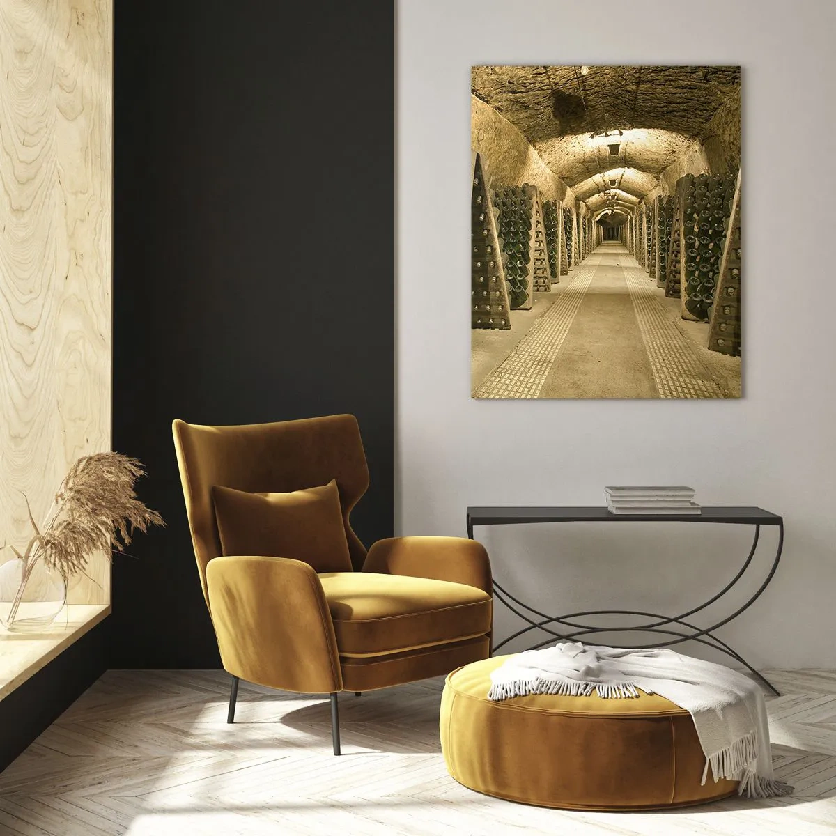 Impression sur verre - Image sur verre - Un vignoble avec une cave remplie de bouteilles de vin exposées sur des étagères en bois. - 80x120cm - L'éveil du goût - Décoration murale moderne pour le salon et la chambre ARTTOR