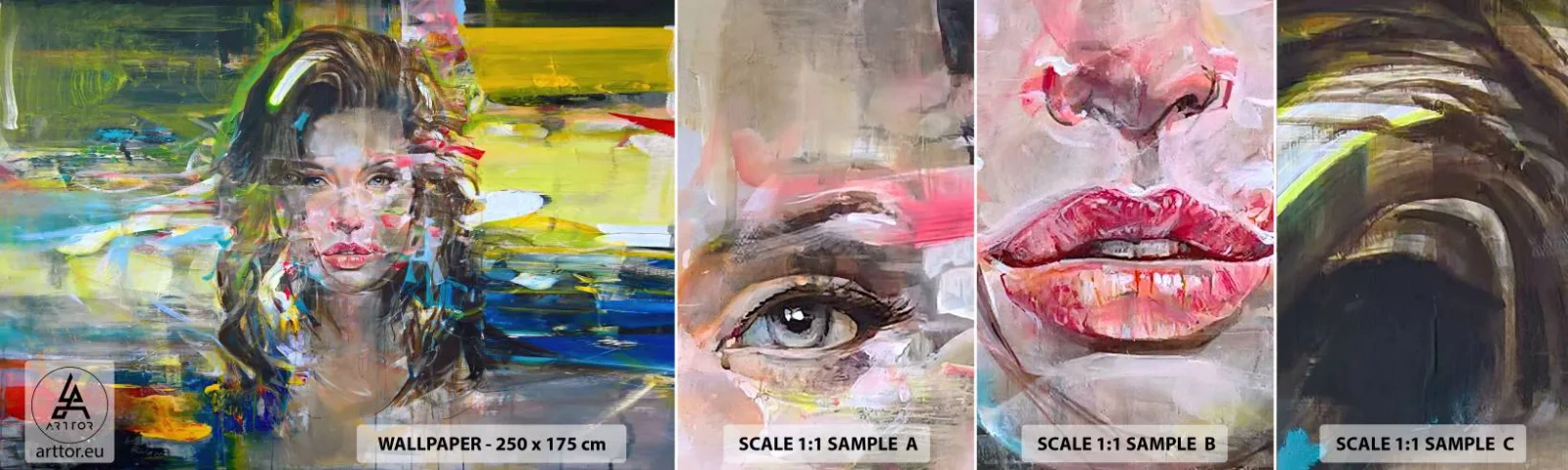 Échantillon de Papier Peint Autocollant Deluxe Sticker - Derrière l'air, un rideau - Portrait d'une femme, Affronter, Abstraction - 100x30 cm