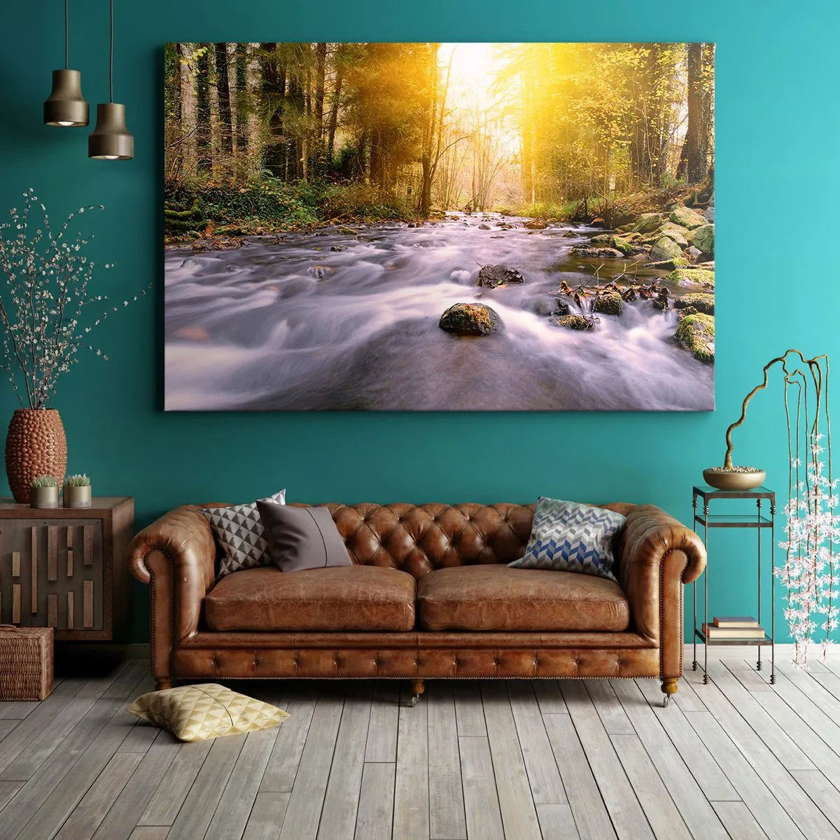 Impression sur toile - Image sur toile - Un ruisseau forestier illuminé par les rayons du soleil - 70x50cm - Malachite dans un cadre argent et or - Décoration murale moderne pour le salon et la chambre ARTTOR