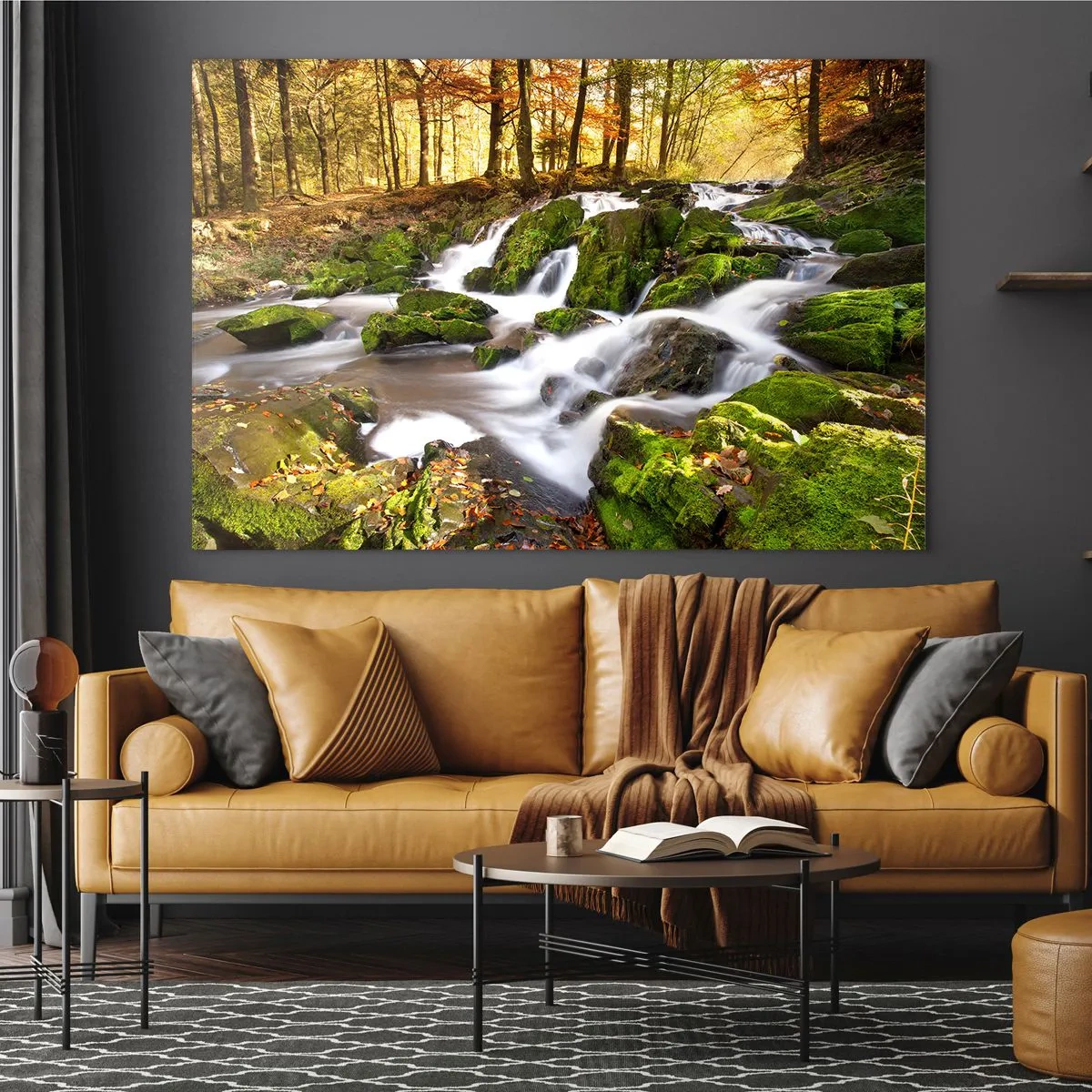 Impression sur verre - Image sur verre - Un ruisseau forestier avec des cascades dans un paysage d'automne - 70x50cm - Rapidement à travers la forêt d'automne - Décoration murale moderne pour le salon et la chambre ARTTOR