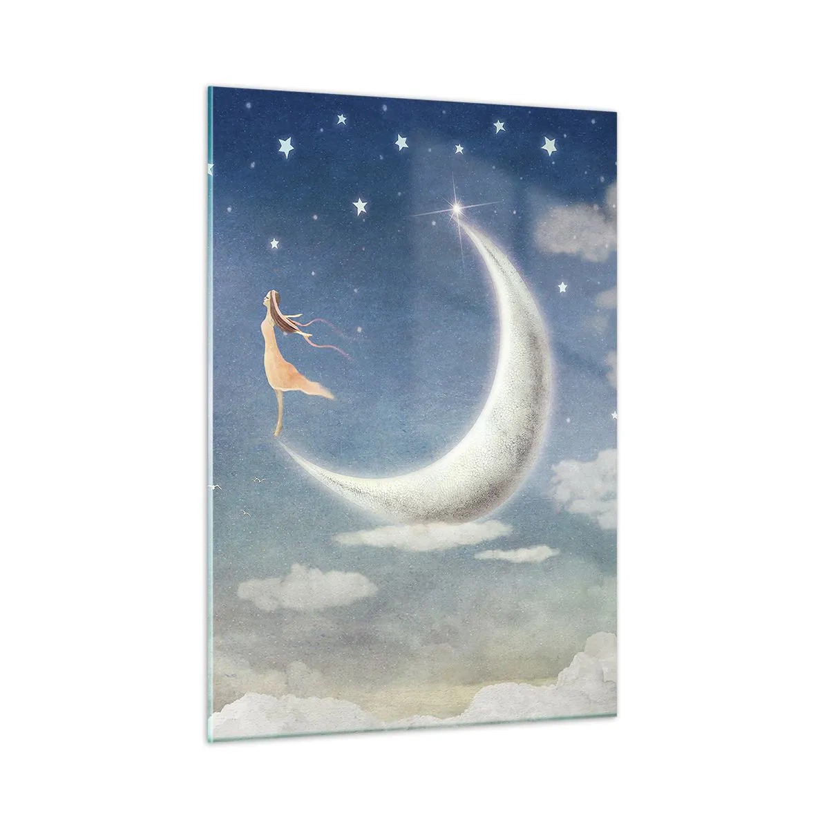 Impression sur verre - Image sur verre - Une femme dans une robe fluide debout sur la lune dans un ciel étoilé. - 50x70cm - Valise bleue - Décoration murale moderne pour le salon et la chambre ARTTOR