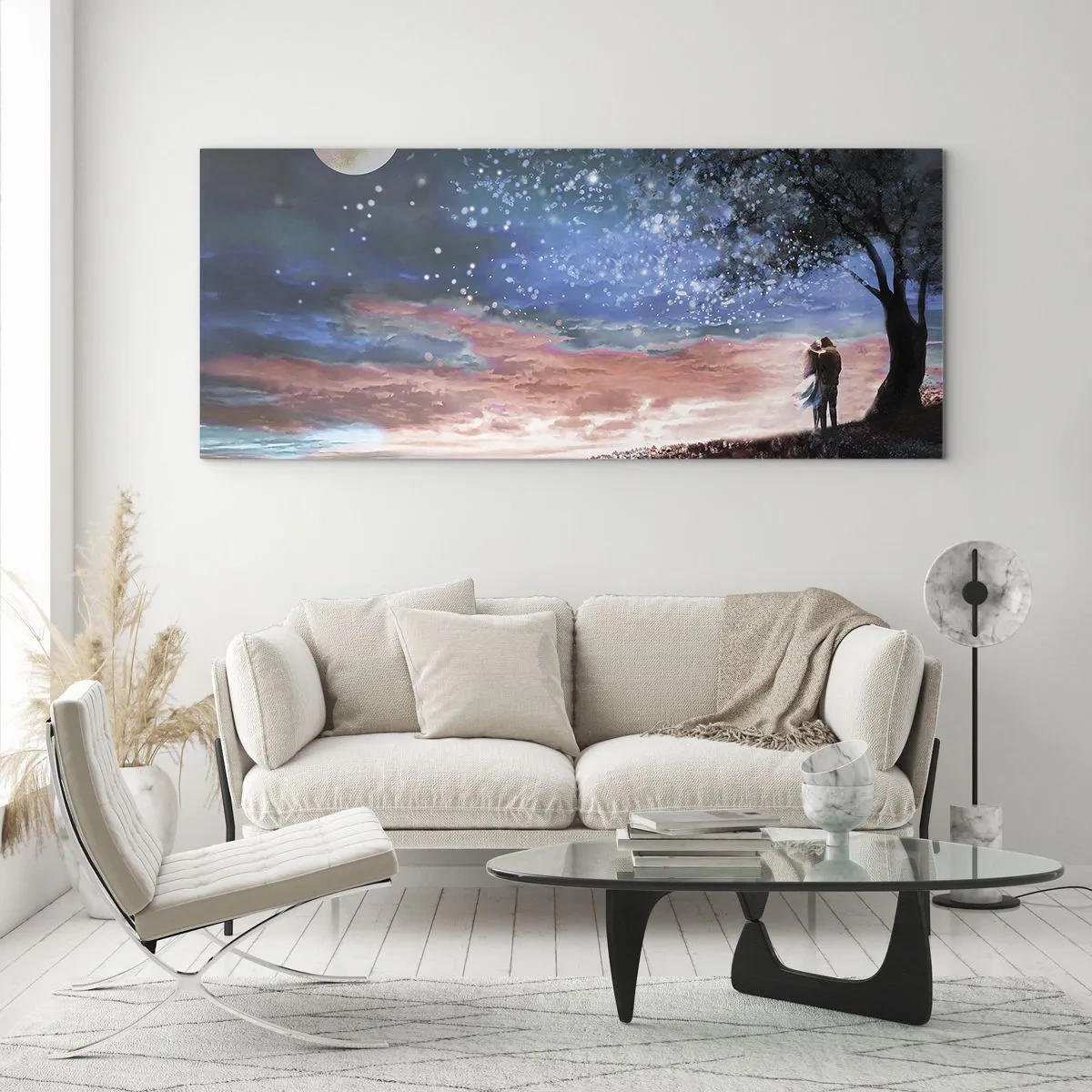 Impression sur verre - Image sur verre - Scène de couple romantique sous la pleine lune - 140x50cm - Spectacle étoilé - Décoration murale moderne pour le salon et la chambre ARTTOR