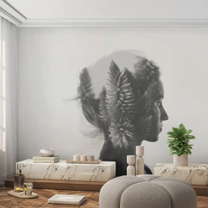 Papier Peint Photo Premium Sand - Double exposition d'une femme et de plantes en noir et blanc - 100x70cm - Dame de la pinède - Décoration murale moderne pour le salon et la chambre ARTTOR