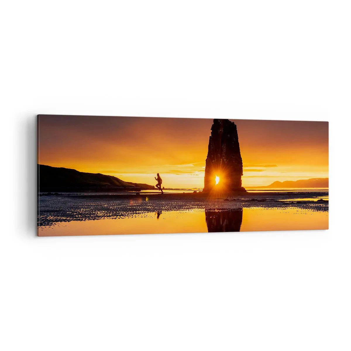 Impression sur toile - Image sur toile - Personne courant sur la plage au coucher du soleil avec formation rocheuse - 140x50cm - Juste vous et la nature - Décoration murale moderne pour le salon et la chambre ARTTOR
