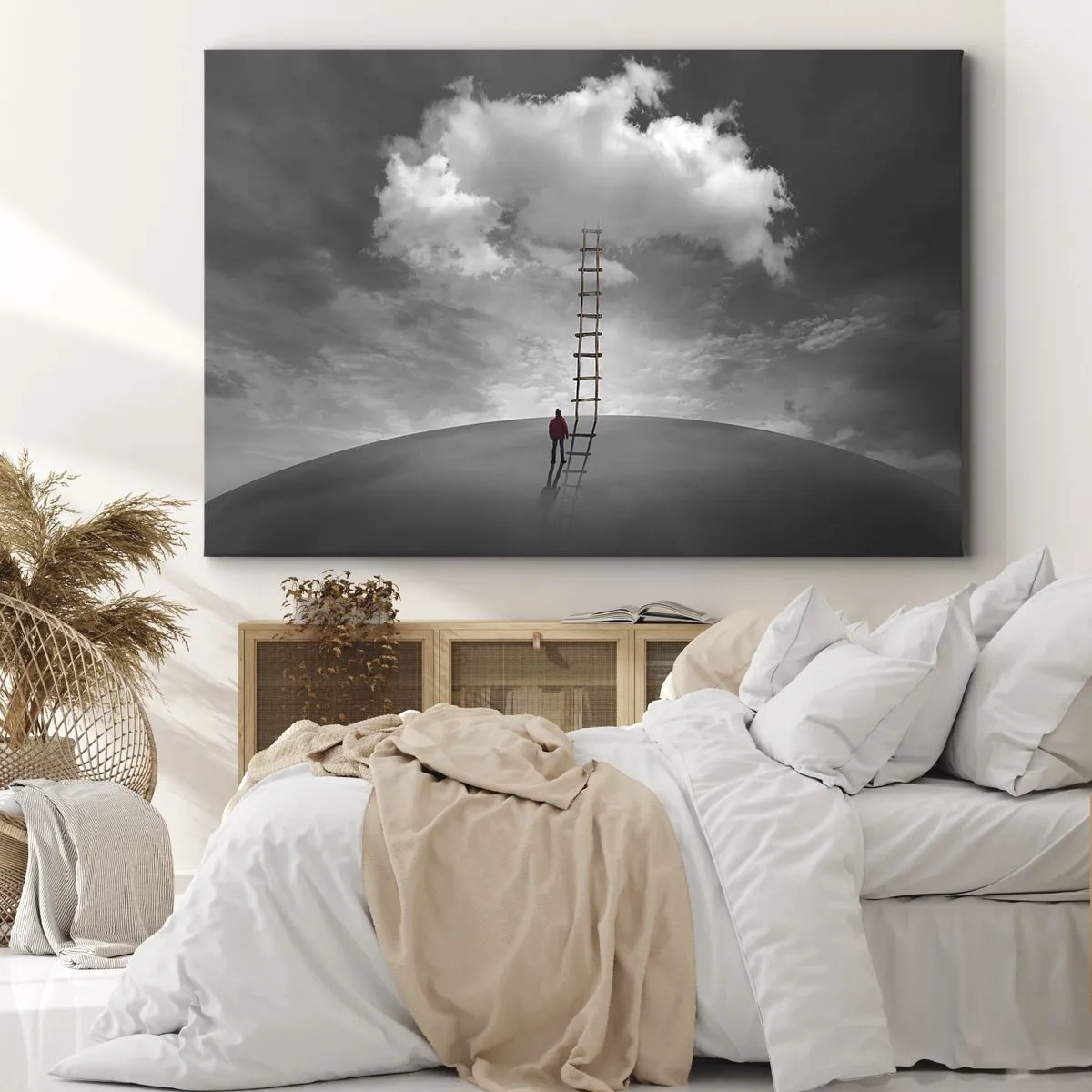 Impression sur toile - Image sur toile - Une personne portant un manteau rouge et une échelle menant à un nuage - 70x50cm - Tout est possible - Décoration murale moderne pour le salon et la chambre ARTTOR