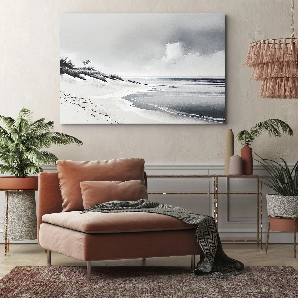 Impression sur toile - Image sur toile - Une plage aux tons sobres de gris et de bleu - 120x80cm - Ensemble depuis toujours - Décoration murale moderne pour le salon et la chambre ARTTOR