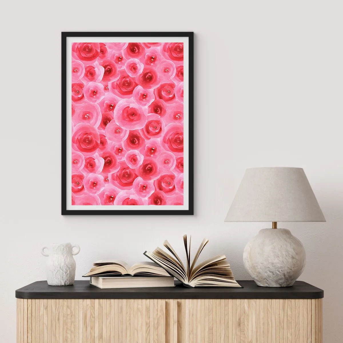 Affiche dans un cadre noir - Poster - Roses roses aquarelles dans un style romantique - 50x70cm - Roses en-haut et en-bas - Décoration murale moderne pour le salon et la chambre ARTTOR