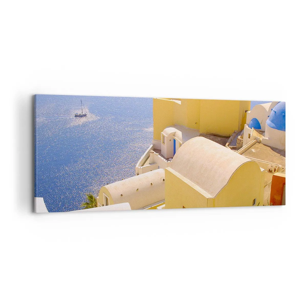 Impression sur toile - Image sur toile - Architecture grecque avec vue sur la mer et un bateau en arrière-plan - 120x50cm - Paysage grec en blanc et bleu ciel - Décoration murale moderne pour le salon et la chambre ARTTOR