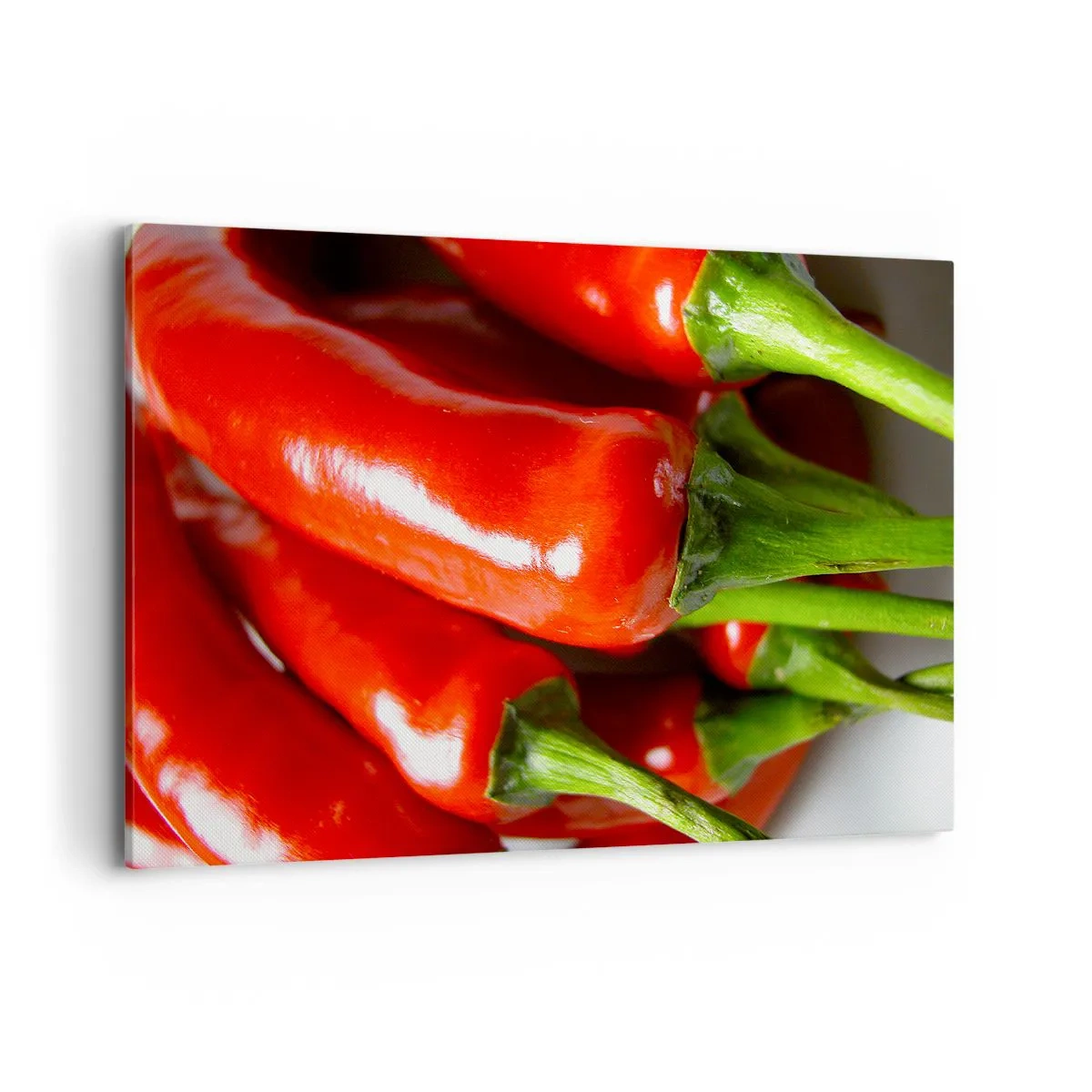 Impression sur toile - Image sur toile - Gros plan de piments rouges avec des tiges vertes - 100x70cm - Juteux, brillant, lisse - Décoration murale moderne pour le salon et la chambre ARTTOR