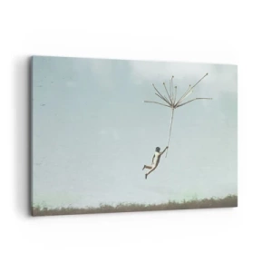 Impression sur toile - Image sur toile - Une silhouette soulevée par une grosse graine de pissenlit - 120x80cm - Cerfs-volants, pissenlits, vent - Décoration murale moderne pour le salon et la chambre ARTTOR
