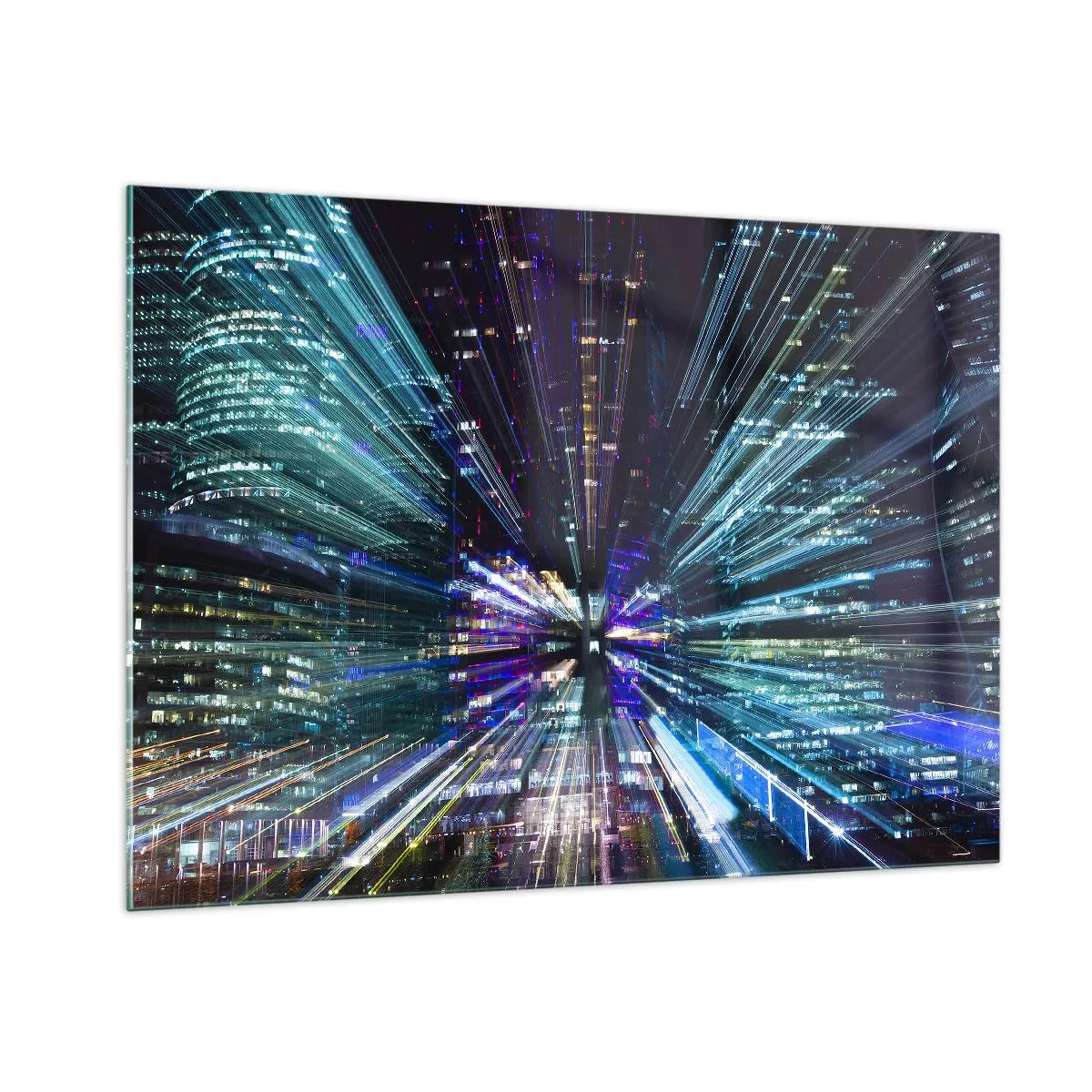 Impression sur verre - Image sur verre - Lignes lumineuses dynamiques sur fond de ville nocturne - 100x70cm - Transition vers l'hyperespace - Décoration murale moderne pour le salon et la chambre ARTTOR