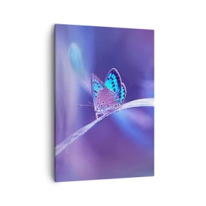 Impression sur toile - Image sur toile - Un délicat papillon bleu sur une tige dans une lumière violette - 50x70cm - Un joyau de la nature - Décoration murale moderne pour le salon et la chambre ARTTOR