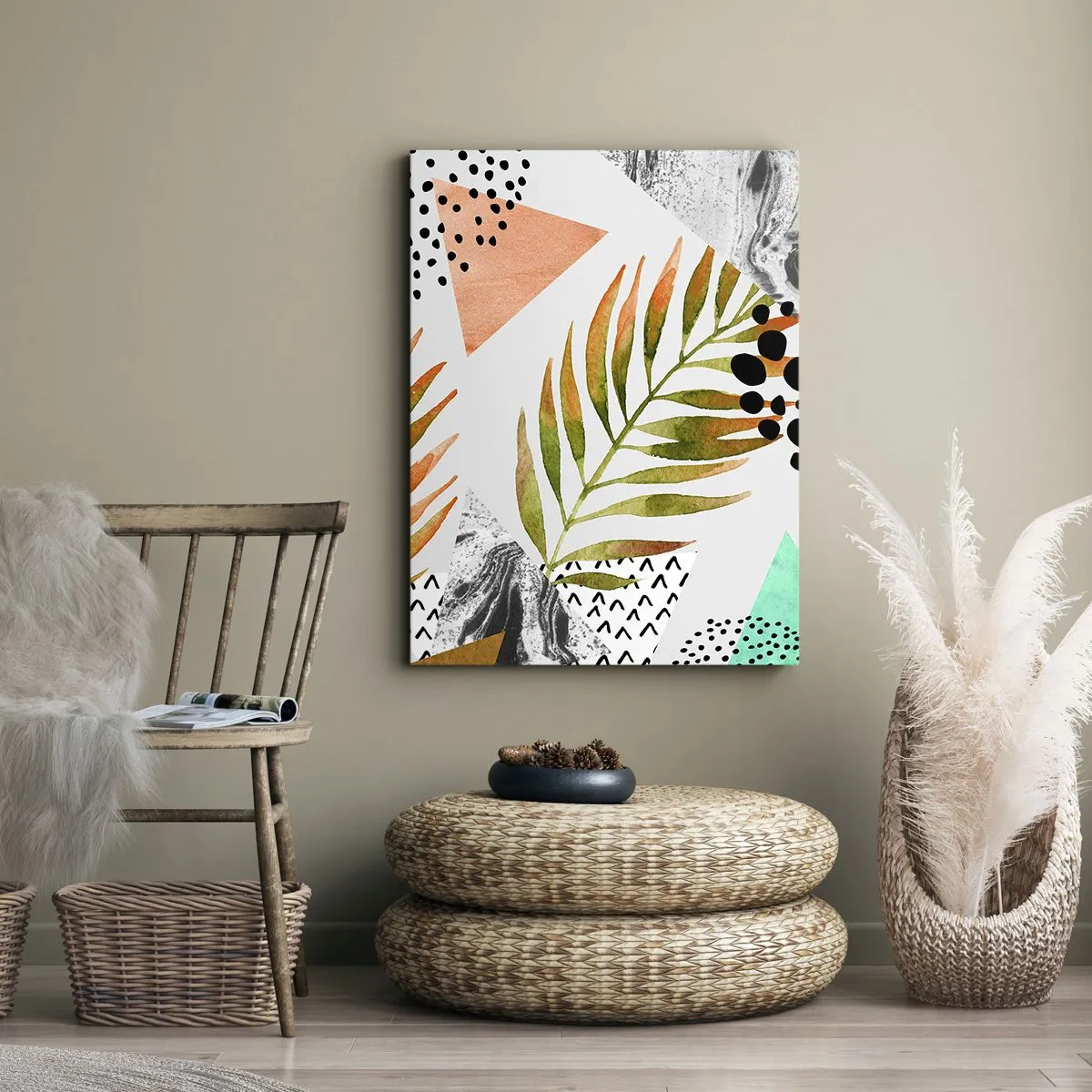 Impression sur toile - Image sur toile - Motif tropical avec des feuilles et des formes géométriques - 70x100cm - Décoration avec feuille de palmier - Décoration murale moderne pour le salon et la chambre ARTTOR
