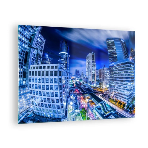 Impression sur verre - Image sur verre - Panorama d'une ville moderne la nuit avec des lumières vives - 70x50cm - Rythmes de la ville nocturne - Décoration murale moderne pour le salon et la chambre ARTTOR