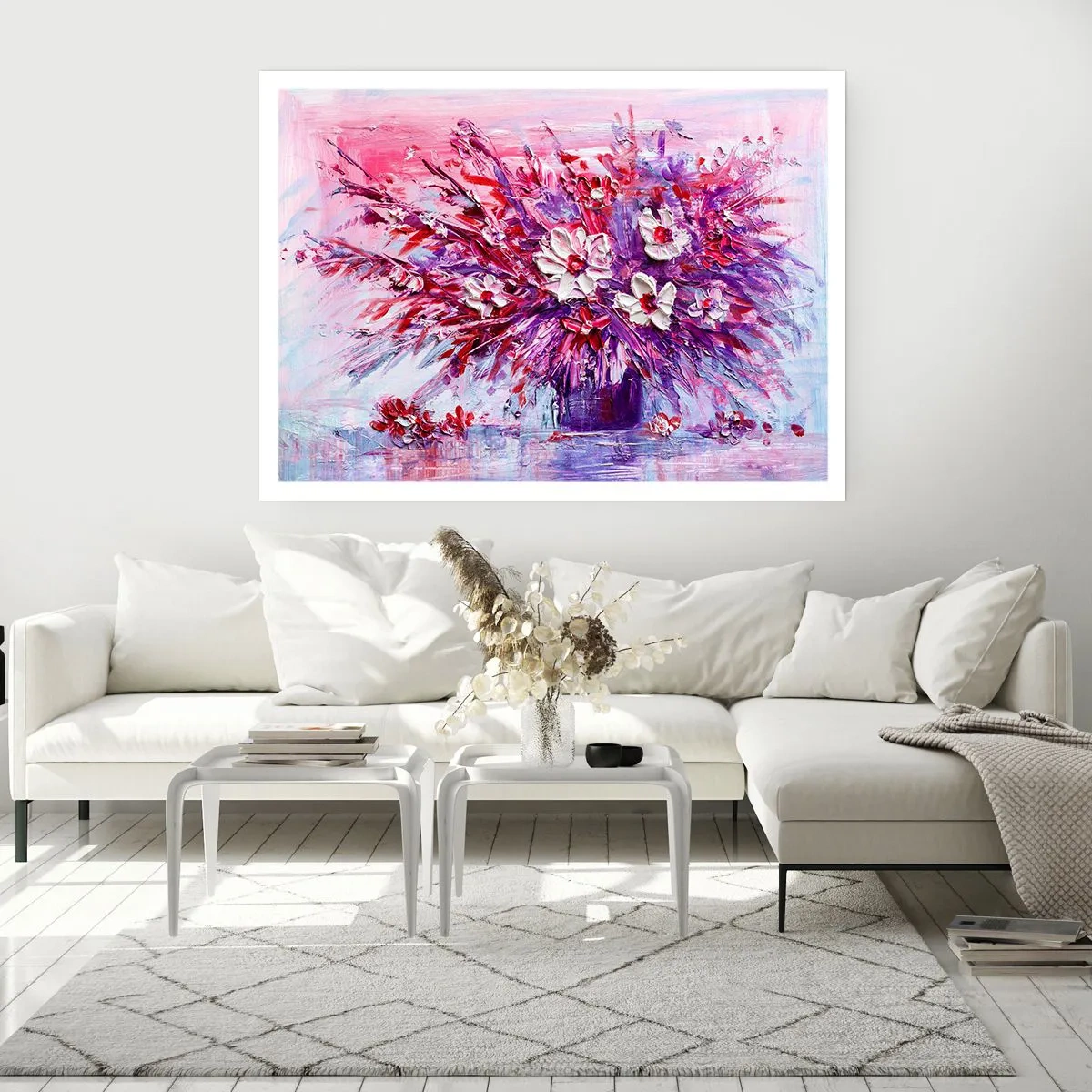 Affiche - Poster - Un bouquet de fleurs colorées dans des tons de rose et de violet - 100x70cm - Innocence et passion - Décoration murale moderne pour le salon et la chambre ARTTOR