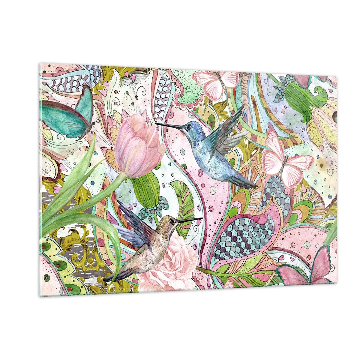 Impression sur verre - Image sur verre - Colibris colorés parmi les fleurs et les papillons - 120x80cm - Empêtré dans les vignes - Décoration murale moderne pour le salon et la chambre ARTTOR