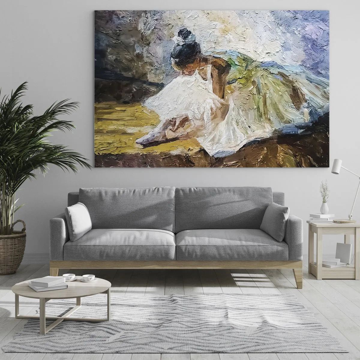 Impression sur verre - Image sur verre - Une ballerine penchée en avant dans une robe blanche peinte avec une texture à l'huile - 70x50cm - D'après un tableau de Degas - Décoration murale moderne pour le salon et la chambre ARTTOR